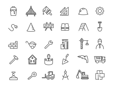 Set of linear construction icons. Engineering icons in simple design. Vector illustration