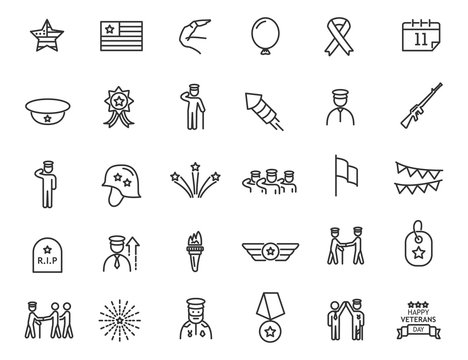 Set of linear Veterans Day icons. Military icons in simple design. Vector illustration