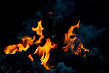 Close up hot fire flame burning glowing on black dark background