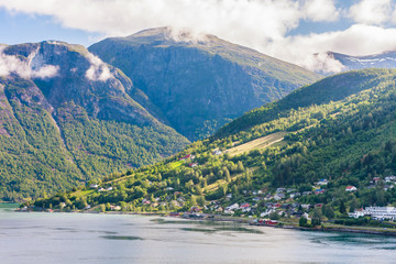 Small  houses at Olden, Norway.Olden is a village and urban area in the municipality of Stryn in Sogn og Fjordane county, Norway.