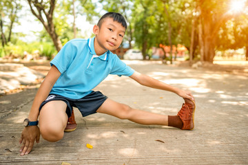 Kids warm up exercise before play sport on blurred background, activity in school