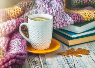 A сup of tea, stack of books and dry leaf on the background of a knitted blanket.