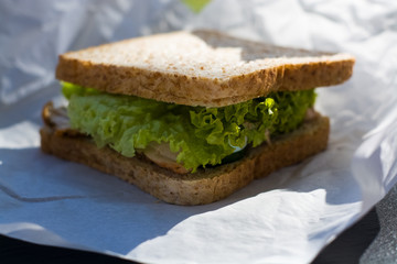 Sandwich of white toast bread with greens, cabbage, turkey meat and sauce in white kraft bag. Snack food.