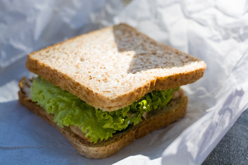 Sandwich of white toast bread with greens, cabbage, turkey meat and sauce in white kraft bag. Snack food.