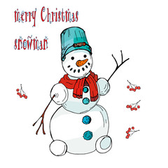 happy Christmas Snowman with bucket on his head, color isolated illustration on white background, berries, fir branches 