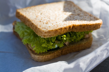 Sandwich of white toast bread with greens, cabbage, turkey meat and sauce in white kraft bag. Snack food.