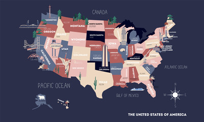 Poster map of United States of America with state names. USA cartoon travel map vector illustration of geographic themes with landmarks, cities, roadmap. Infographic concept with country navigator.