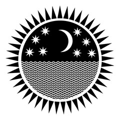 Starry sky, moon and sea in the middle of the solar mandala. Symbol drawing, logo. Vector graphic art.