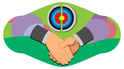 the symbol of two hands shaking hands and uniting the target point. illustration of the agreement between the two parties to the agreement. collaboration of two parties with a handshake.