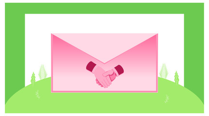 the symbol of two hands shaking hands in a closed email. illustration of an agreement between the two parties with a document mark. privacy and confidential document e-mail symbol.