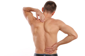 Man suffering from back and neck pain. Muscle spasm, .Chiropractic concept. Sport exercising injury