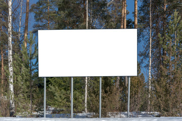 empty white large billboard outdoor wood forest tree background, mock-up