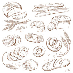 Set of different bread, outline baguette, loaf, bread, sweet rolls, wheat for the menu, bakery, cafe.
