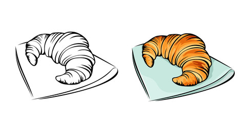  Croissant lies on a napkin, monochrome and color version, for a cafe, bakery, menu, logo and any of your design.