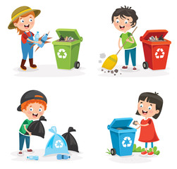 Little Children Cleaning And Recycling Garbage