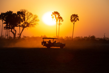 Silhouette of a Safari jeep at sunset - obrazy, fototapety, plakaty