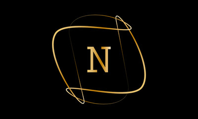 Typographical logo with a large letter N. The emblem with decorative vortices in metallic color is isolated on a black background. Vector illustration.
