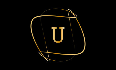 Typographical logo with a large letter U. The emblem with decorative vortices in metallic color is isolated on a black background. Vector illustration.