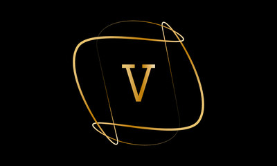 Typographical logo with a large letter V. The emblem with decorative vortices in metallic color is isolated on a black background. Vector illustration.