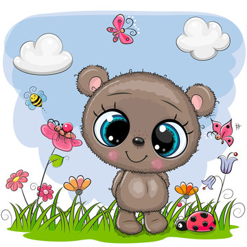 Cartoon Teddy Bear on a meadow with flowers and butterflies