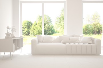 Mock up of stylish room in white color with sofa and green landscape in window. Scandinavian interior design. 3D illustration