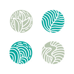 Set of round bio emblem in a circle linear style. Tropical plant green leaf logo. Vector abstract badge for design of natural products, cosmetics, ecology concepts, spa, yoga Center