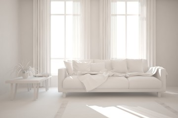 Mock up of stylish room in white color with sofa. Scandinavian interior design. 3D illustration