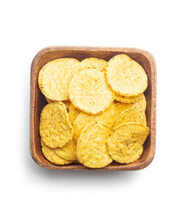 Round nacho chips. Yellow tortilla chips