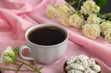 morning invigorating coffee in a white Cup