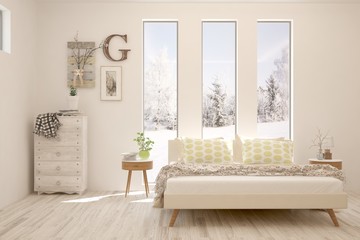 Stylish bedroom in white color with winter landscape in window. Scandinavian interior design. 3D illustration