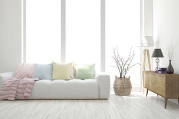 Stylish room in white color with sofa. Scandinavian interior design. 3D illustration