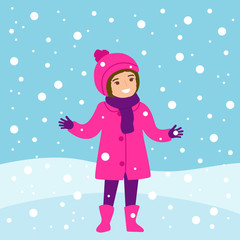 Naklejka na ściany i meble Girl and flying snowflakes. Winter child games. Christmas holidays. Vector flat illustration.