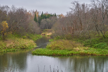 Autumn landscape with river in cloudy weather