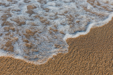 Close-up of a wave hitting a beach in warm sunset light