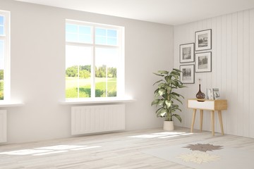 Fototapeta na wymiar Stylish empty room in white color with modern table and summer landscape in window. Scandinavian interior design. 3D illustration