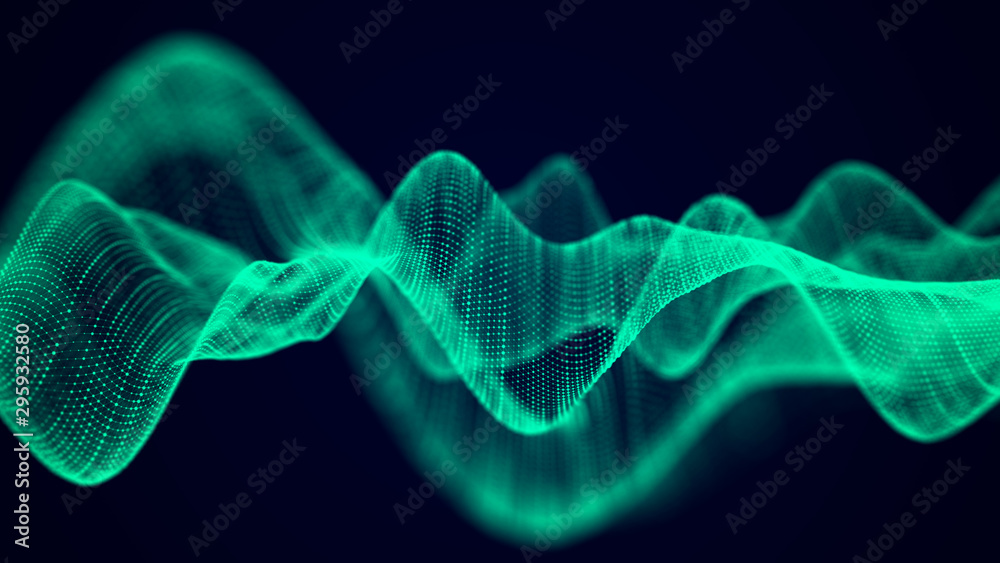 Aufkleber Abstract technology flow background. Futuristic green dots background with a dynamic wave. 3d rendering.