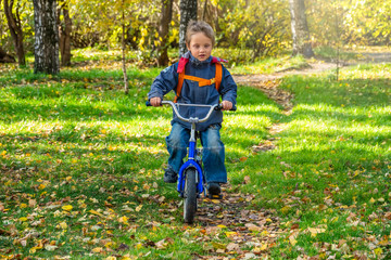 Little boy rides a bicycle in the autumn park.