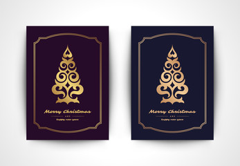 Christmas greeting card with tree silhouette and ornate typographic winter holidays text vector illustration.
