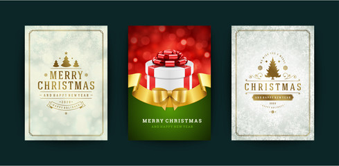 Christmas greeting cards set and ornate typographic winter holidays text vector illustration