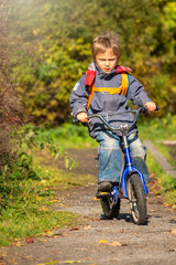 Little boy rides a bicycle in the autumn park.