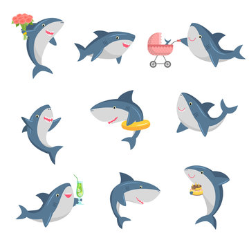 A set of cute cartoon shark in different actions. Vector illustration in flat cartoon style.