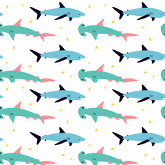 Seamless pattern with shark and hammer fish. Cute cartoon character.