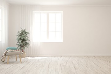 Empty room in white color. Scandinavian interior design. 3D illustration
