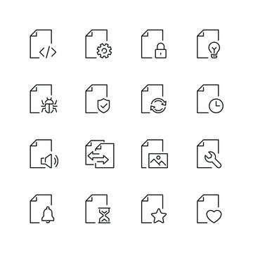 Document related icons: thin vector icon set, black and white kit