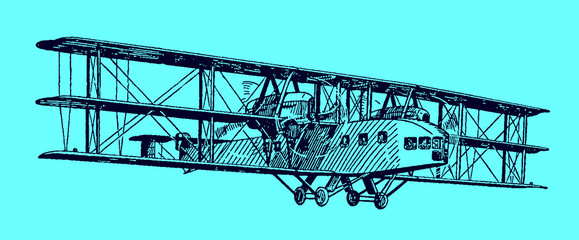 Flying historical propeller-driven triplane airliner on a blue background transporting passengers. Editable in layers