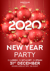Fototapeta na wymiar Happy New Year party poster. Holiday vector illustration with realistic red Christmas balls and 2020 number. Decoration balls, confetti and effect bokeh on red background. Invitation to nightclub.