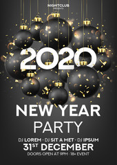 New Year party poster invite. Holiday vector illustration with realistic black Christmas balls, 2020 number. Decoration balls, confetti and effect bokeh on black background. Invitation to nightclub.