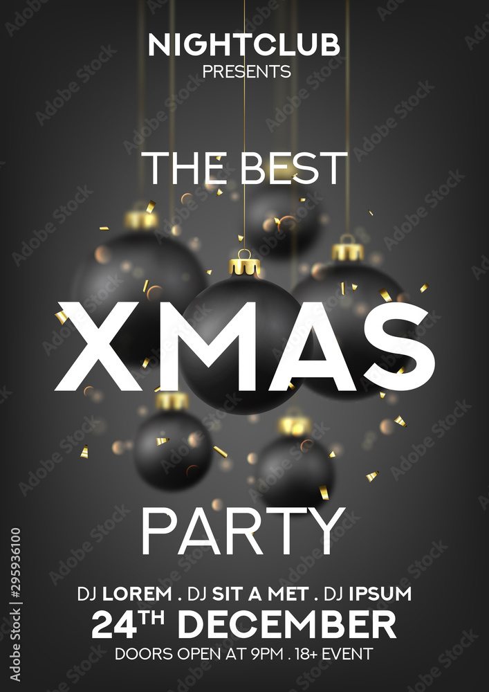 Wall mural christmas party poster invitation template. holiday vector illustration with realistic black christm