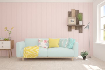Stylish room in pink color with colorful sofa. Scandinavian interior design. 3D illustration