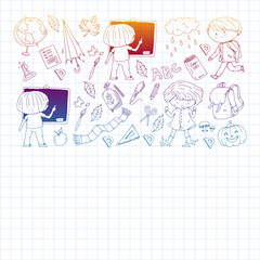 Fototapeta premium Back to school vector pattern. Education icons for children.